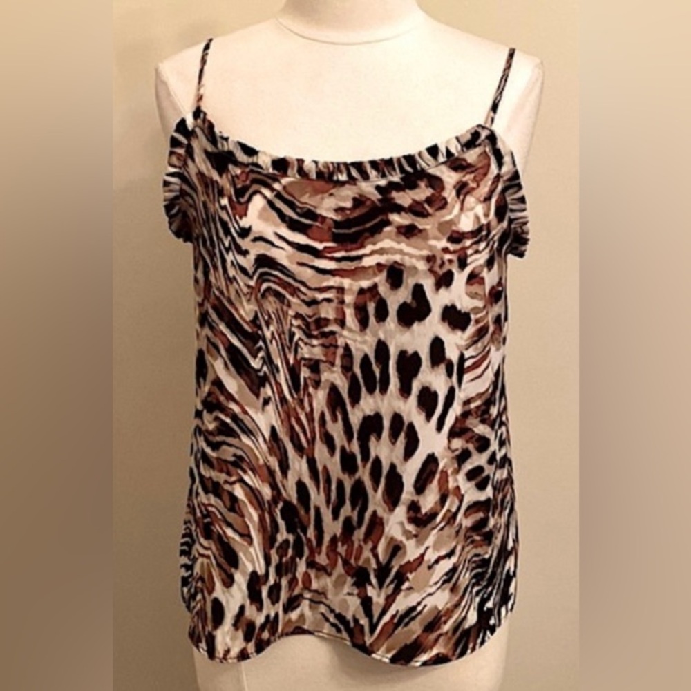 Worthington Brown Black Animal Print SZ M Mob Wife Office Siren Boho Ruffle Top
